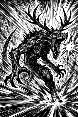 a black and white drawing of a demon