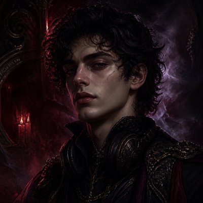 head-and-shoulders portrait of an original character: a young man with curly dark hair and headphones around his neck, plain backdrop, no text