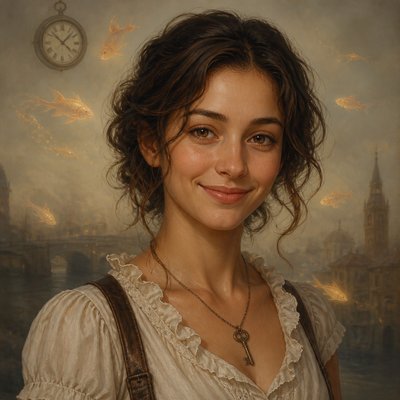 head-and-shoulders portrait of an original character: a young woman with wavy chestnut hair and a warm smile, plain soft backdrop