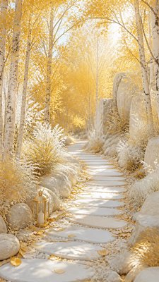 a winding forest path in golden autumn light, no people
