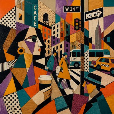 urban street with city activity — Synthetic Cubism Art Style