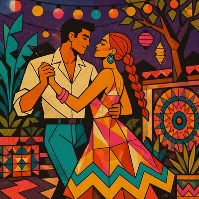 an original couple dancing under string lights in a garden at dusk: a man with short black hair in a linen shirt and a woman with braided red hair in a summer dress