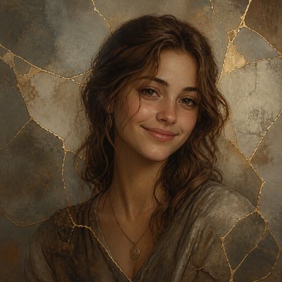 head-and-shoulders portrait of an original character: a young woman with wavy chestnut hair and a warm smile, plain soft backdrop