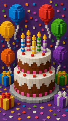 a birthday cake with lit candles surrounded by balloons and confetti, festive vertical composition, no text