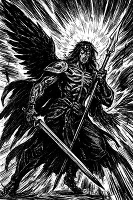 a black and white drawing of a skeleton holding a sword