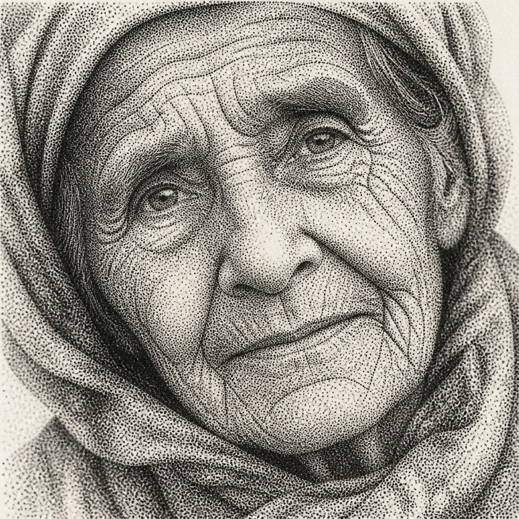 close-up portrait of an elderly person with expressive weathered features — Stippling Dotwork Style
