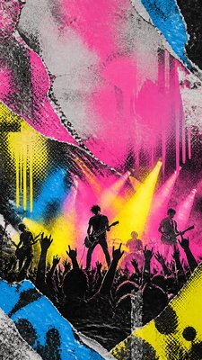 a live music scene with a glowing stage and silhouetted crowd, energetic vertical composition with open space at the top, no text