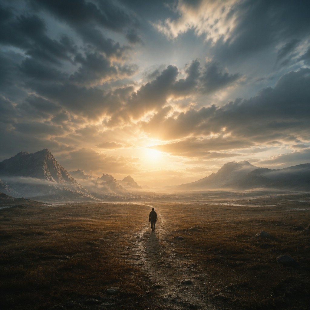 a solitary figure walking toward a glowing horizon across an empty plain, moody atmosphere, no text or lettering