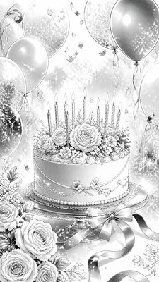 a birthday cake with lit candles surrounded by balloons and confetti, festive vertical composition, no text