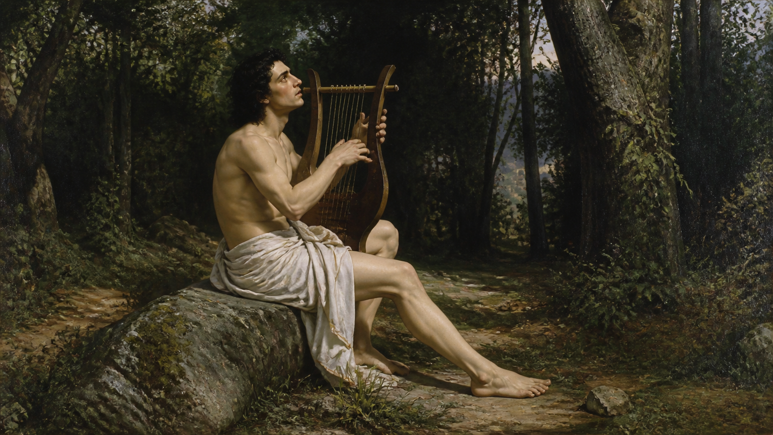 Orpheus ignudi playing the harp in the woods