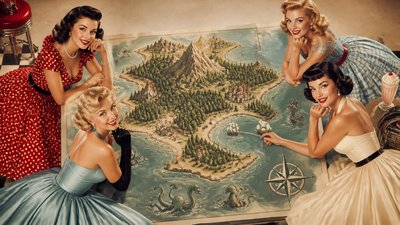 a map of an island realm with mountains, forests, a sheltered bay, sea monsters in the water and a compass rose, no text labels