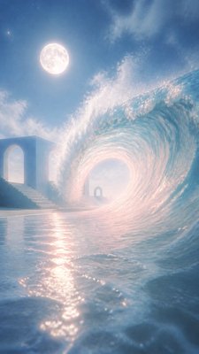 an ocean wave curling under moonlight, no people