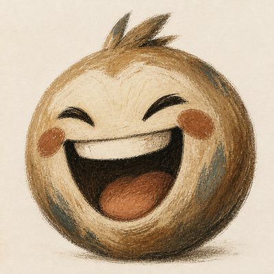 an exaggerated laughing face of an original round mascot character, bold and readable at small size, plain background, no text