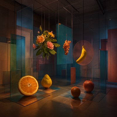 still life arrangement of fruits and flowers