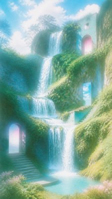 a cascading waterfall in a lush green gorge, no people