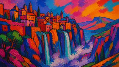 a cliffside city with waterfalls cascading into a misty canyon, wide establishing shot, no people, no text