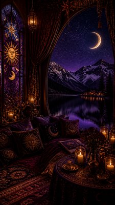 a tranquil mountain lake beneath a starry night sky, no people, no text