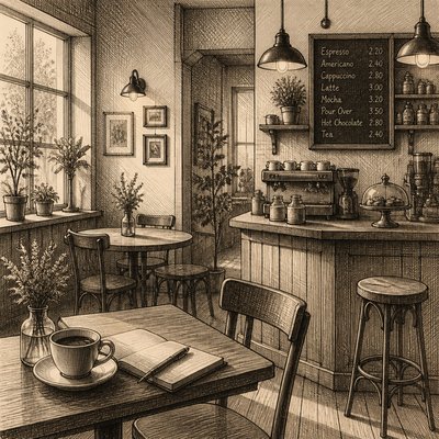 cozy cafe interior with warm lighting