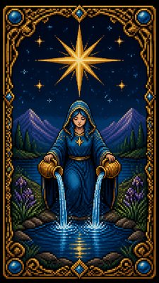 a robed figure pouring water beneath a large eight-pointed star in a night sky, symmetrical composition with an ornate decorative border, no text