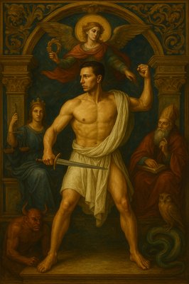 a painting of a man holding a sword
