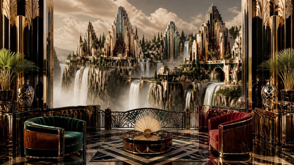 a cliffside city with waterfalls cascading into a misty canyon, wide establishing shot, no people, no text