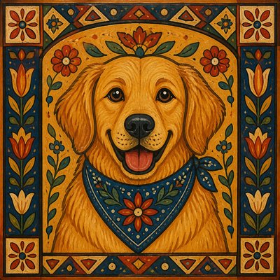portrait of a golden retriever wearing a blue bandana, warm plain backdrop, no text
