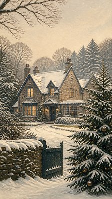 a snow-covered cottage with warm glowing windows beside a decorated pine tree, gentle snowfall, no text