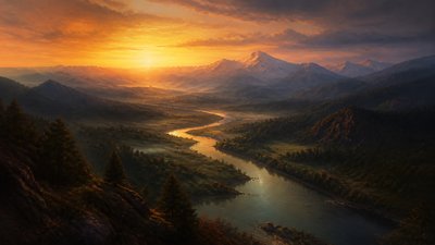 a vast valley with a river winding toward distant mountains at sunrise, no people, no text