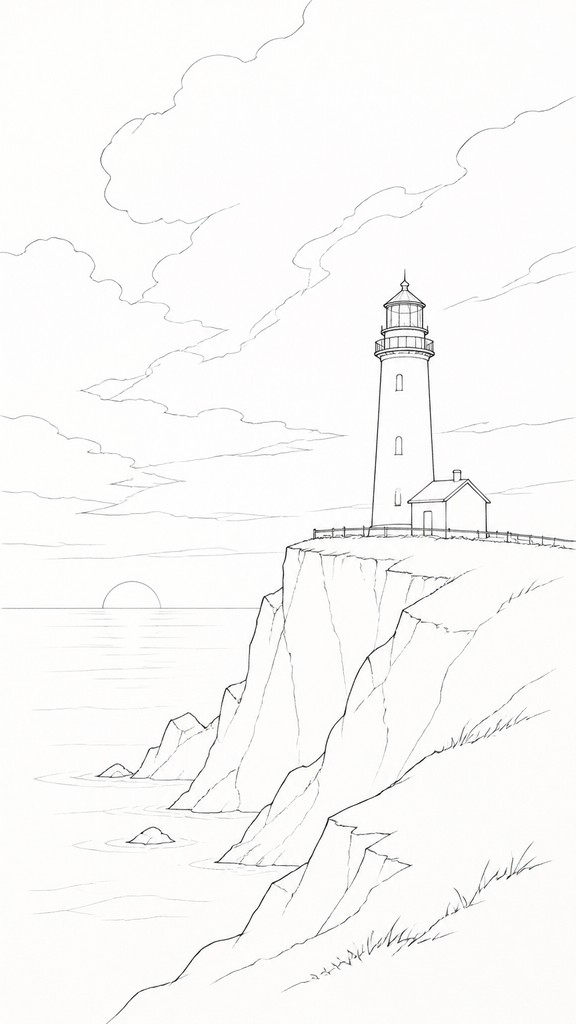 a lone lighthouse on a cliff at dusk under a dramatic sky, no text or lettering