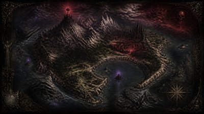 a map of an island realm with mountains, forests, a sheltered bay, sea monsters in the water and a compass rose, no text labels