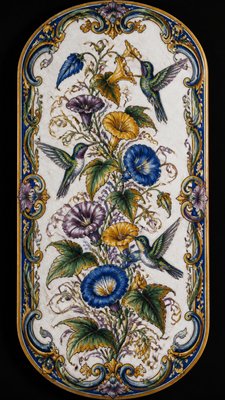 a climbing vine of flowers and hummingbirds on a dark background, tall wrapping composition, no text