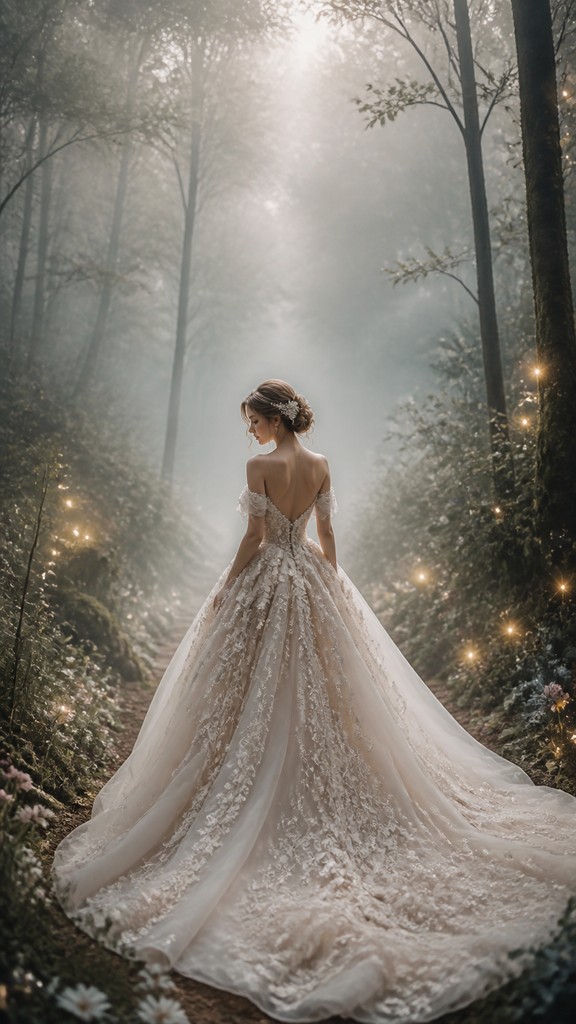 a mysterious forest path with fireflies and drifting mist, atmospheric vertical composition with open space at the top, no text