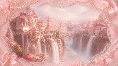 a cliffside city with waterfalls cascading into a misty canyon, wide establishing shot, no people, no text