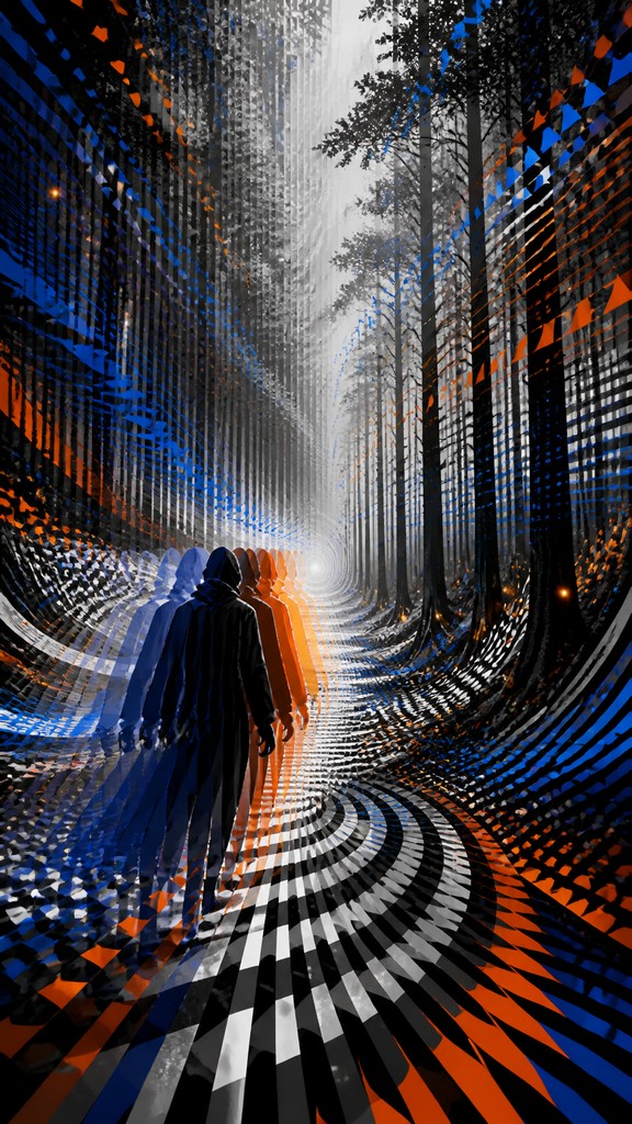 a mysterious forest path with fireflies and drifting mist, atmospheric vertical composition with open space at the top, no text