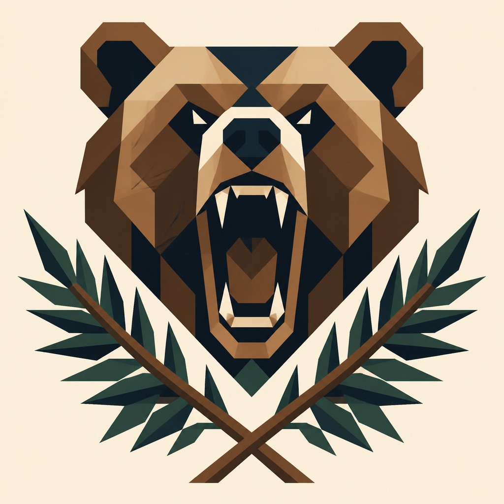 a roaring bear head above crossed pine branches, bold graphic composition on a plain background, no text