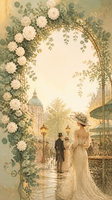 an arch of white roses and eucalyptus in soft morning light, elegant vertical composition with open space, no text