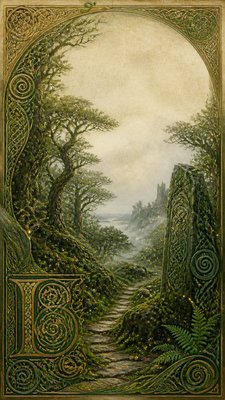 a mysterious forest path with fireflies and drifting mist, atmospheric vertical composition with open space at the top, no text