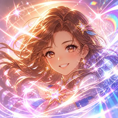 head-and-shoulders portrait of an original character: a young woman with wavy chestnut hair and a warm smile, plain soft backdrop