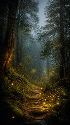 a mysterious forest path with fireflies and drifting mist, atmospheric vertical composition with open space at the top, no text