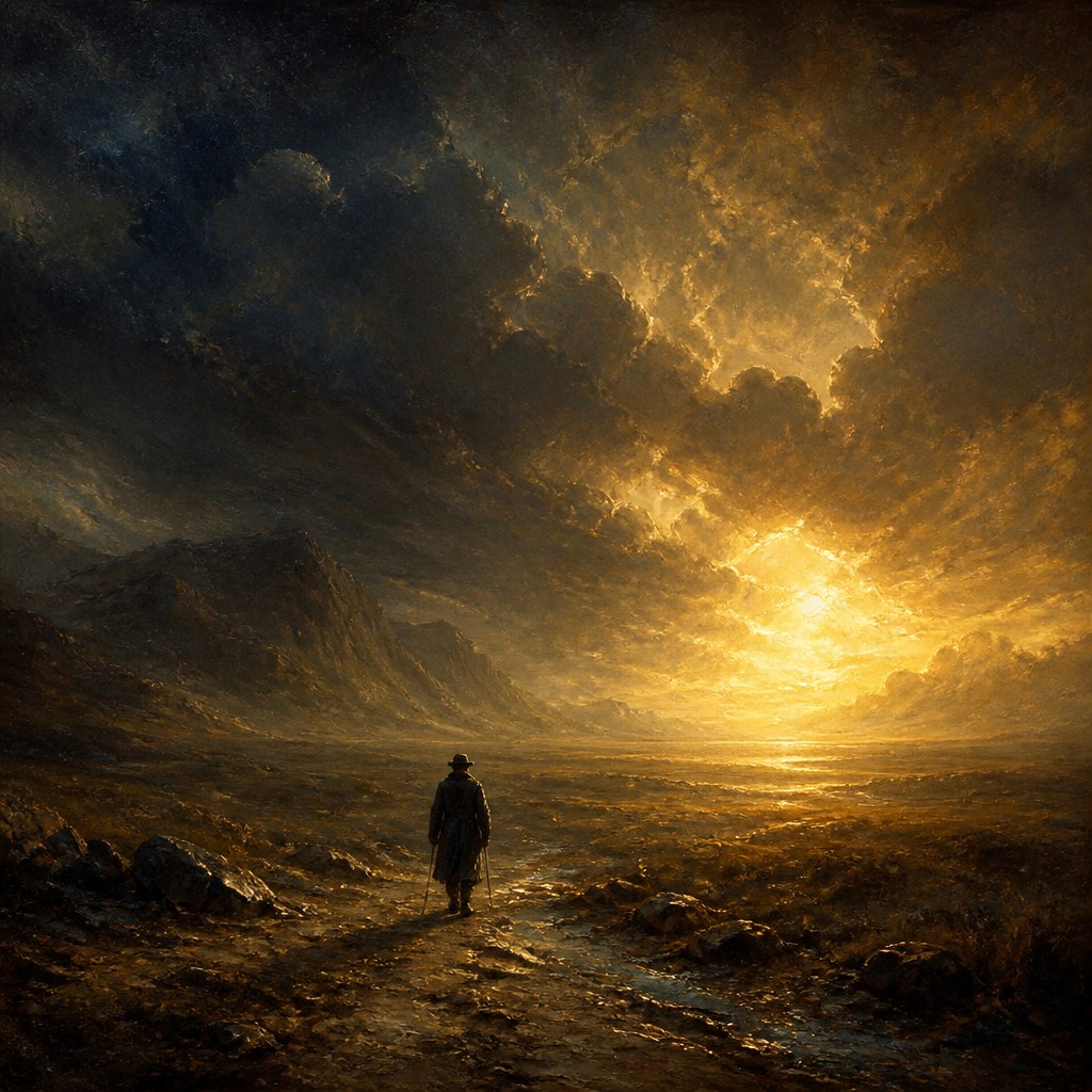 a solitary figure walking toward a glowing horizon across an empty plain, moody atmosphere, no text or lettering