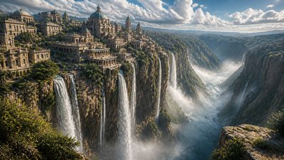 a cliffside city with waterfalls cascading into a misty canyon, wide establishing shot, no people, no text
