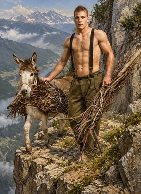 a man with a donkey on top of a mountain