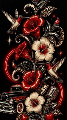 a climbing vine of flowers and hummingbirds on a dark background, tall wrapping composition, no text