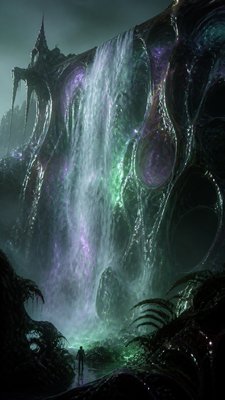 towering waterfall cascading down a cliff