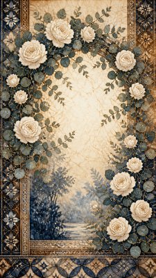 an arch of white roses and eucalyptus in soft morning light, elegant vertical composition with open space, no text