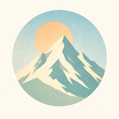 an emblem of a mountain peak inside a circle, simple bold shapes on a plain background, no text or lettering
