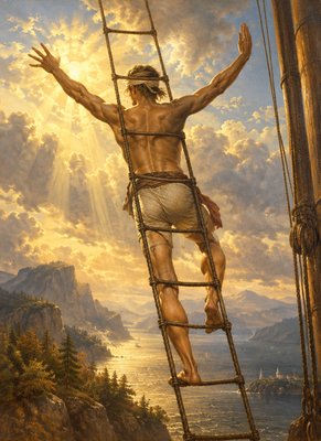 a painting of a man climbing up a ladder