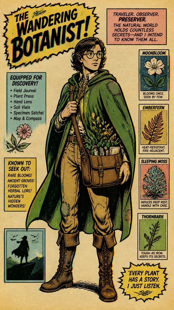 full-body original character: a wandering botanist with a satchel of plants, a patched green cloak, tall boots and round glasses, neutral background