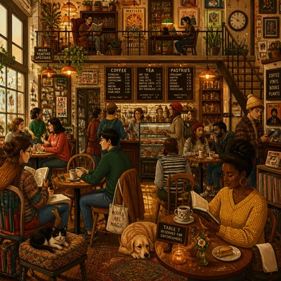 cozy cafe interior with warm lighting