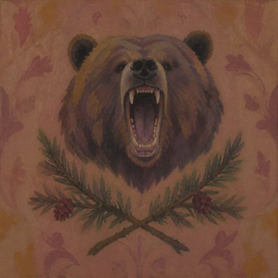 a roaring bear head above crossed pine branches, bold graphic composition on a plain background, no text